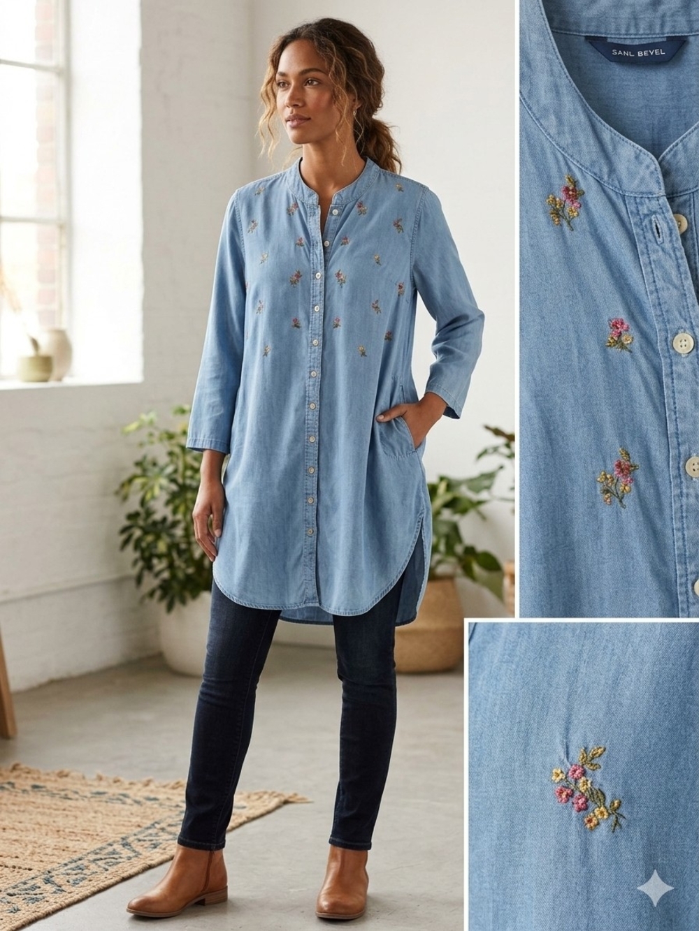 April Cornell Light Blue Embroidered Denim Tunic Cottagecore Boho Grandmacore XL